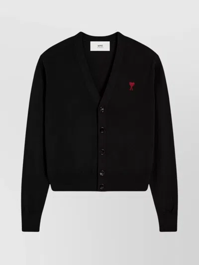 Ami Alexandre Mattiussi Heart Cardigan With Ribbed Cuffs And V-neckline In Black