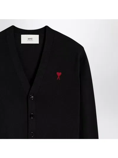 Ami Alexandre Mattiussi Heart Cardigan With Ribbed Cuffs And V-neckline In Black