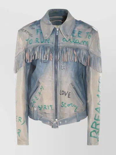 Golden Goose Stylish Leather Jacket With Fringe And Print In Blue