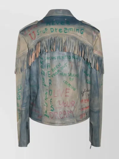 Golden Goose Stylish Leather Jacket With Fringe And Print In Blue