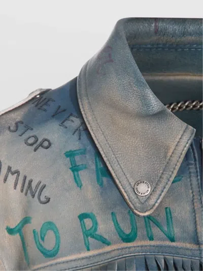 Golden Goose Stylish Leather Jacket With Fringe And Print In Blue