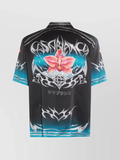 Casablanca Floral Graphic Short Sleeve Satin Top In Black