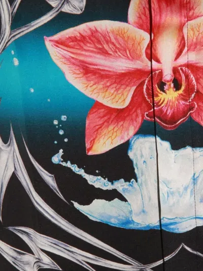 Casablanca Floral Graphic Short Sleeve Satin Top In Black