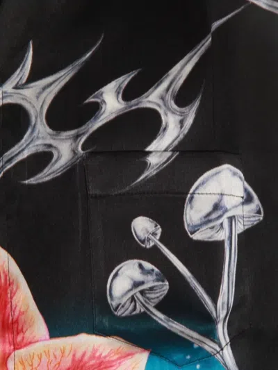 Casablanca Floral Graphic Short Sleeve Satin Top In Black