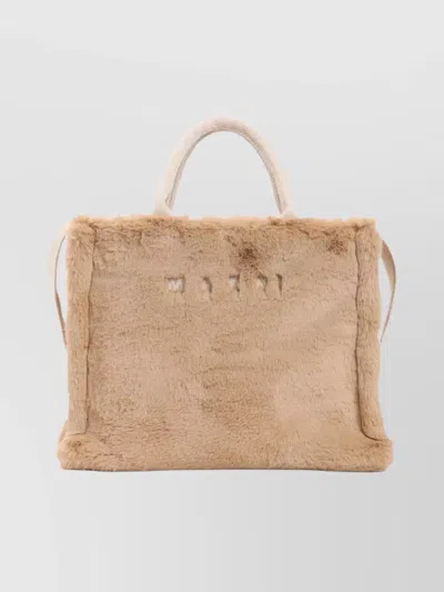 Marni Small Rectangular Basket Bag With Plush Faux Fur Fabric In Neutral