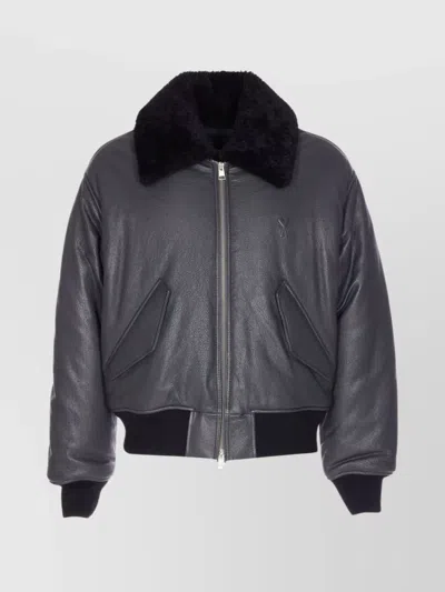 Ami Alexandre Mattiussi Leather Bomber Jacket Shearling Collar In Blue