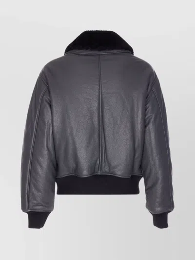 Ami Alexandre Mattiussi Leather Bomber Jacket Shearling Collar In Blue