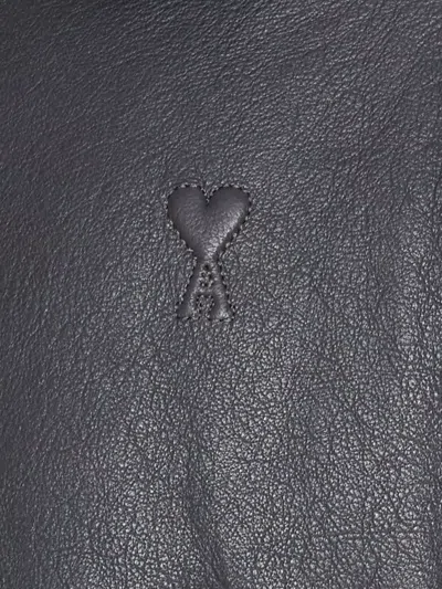 Ami Alexandre Mattiussi Leather Bomber Jacket Shearling Collar In Blue