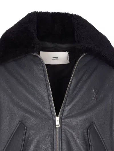 Ami Alexandre Mattiussi Leather Bomber Jacket Shearling Collar In Blue