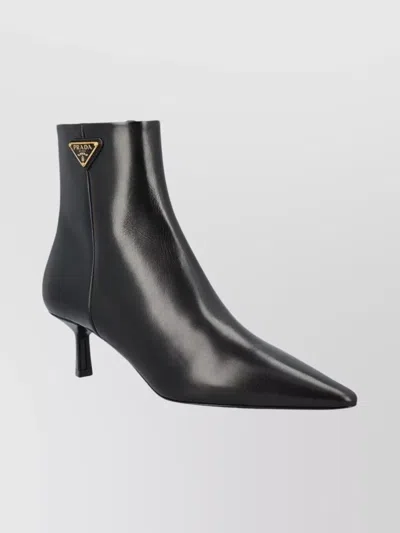 Prada Triangle Logo Leather Kitten-heel Booties In Black
