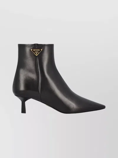 Prada Triangle Logo Leather Kitten-heel Booties In Black
