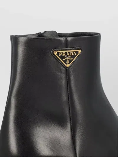 Prada Triangle Logo Leather Kitten-heel Booties In Black