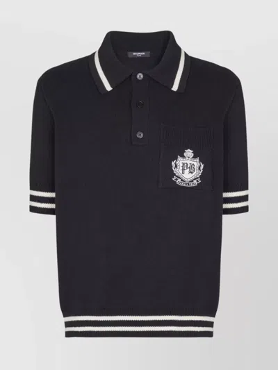 Balmain College Emblem Short Sleeve Polo Sweater In Black