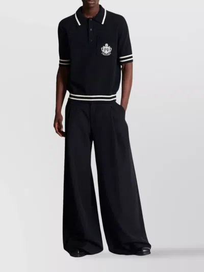 Balmain College Emblem Short Sleeve Polo Sweater In Black