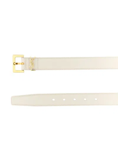 Saint Laurent Cassandre Leather Belt In Neutral