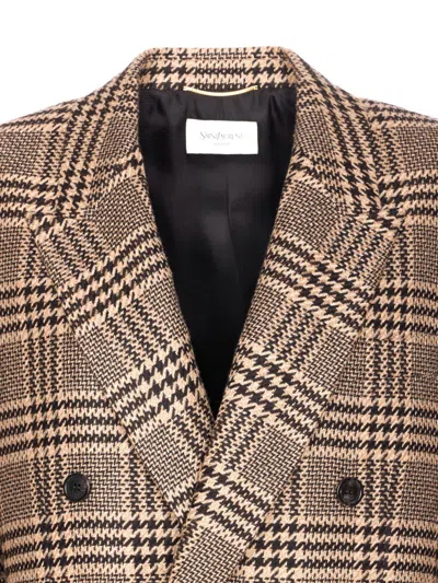 Saint Laurent Double-breasted Checked Silk And Cashmere-blend Blazer In Brown