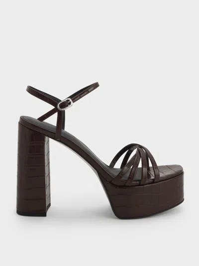 Charles & Keith - Georgina Croc-effect Ankle-strap Platform Sandals In Brown