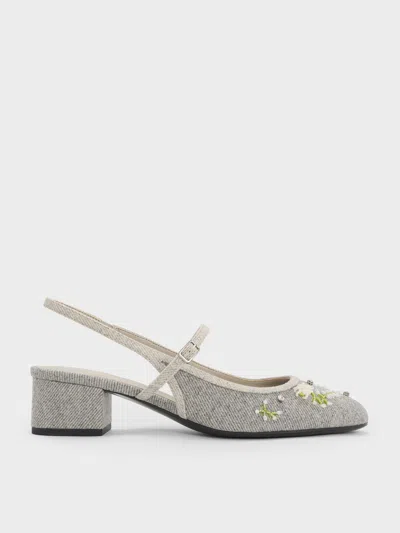 Charles & Keith - Twill Bead-flower Block-heel Slingback Mary Jane Pumps In Gray