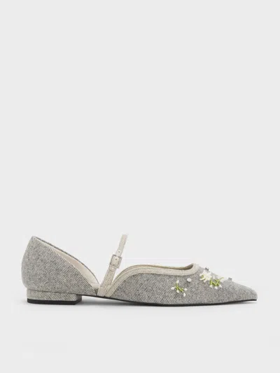 Charles & Keith - Twill Bead-flower Pointed-toe D'orsay Mary Jane Flats In Gray