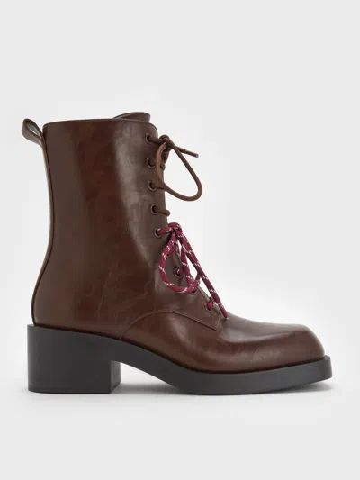 Charles & Keith - Logan Double-lace Mid-calf Combat Boots In Brown