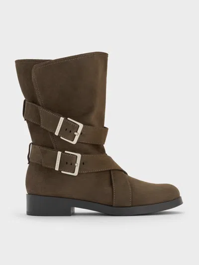 Charles & Keith - Brett Faux Suede Buckle-strap Calf Boots In Brown