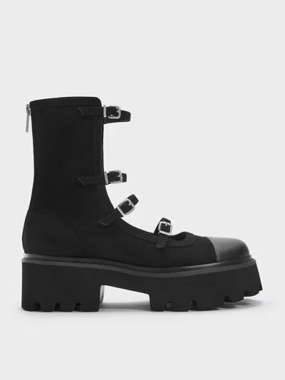Charles & Keith - Celia Faux Suede Buckled Multi-strap Chunky Calf Boots In Black