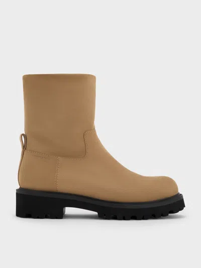 Charles & Keith - Devan Faux Suede Side-zip Ridged-sole Calf Boots In Brown