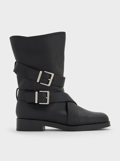 Charles & Keith - Brett Buckle-strap Calf Boots In Black
