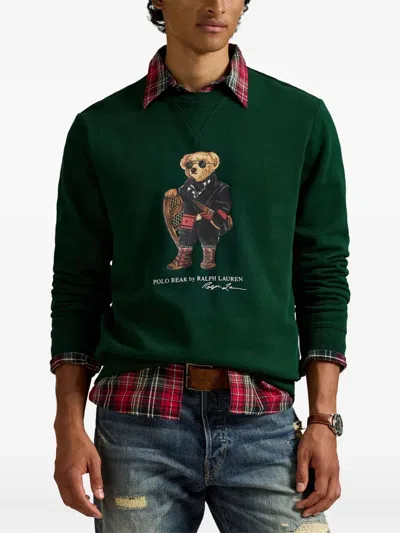 Polo Ralph Lauren Mens Fa25 Moss Holiday Bear Crewneck Bear-print Cotton-blend Sweatshirt In Green