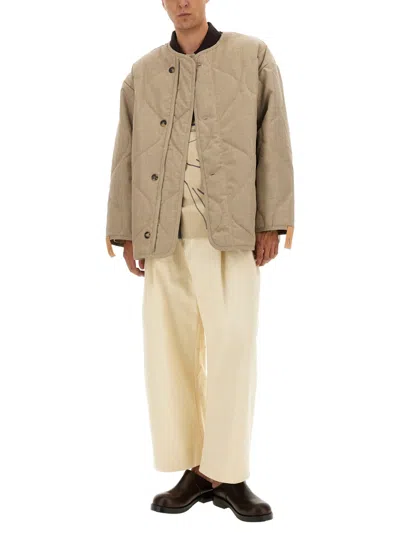 Jw Anderson Beige Crewneck Jacket With Quilted Design On The Front And Logo Embroidery On The Rear In Fabric Man In Gold