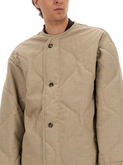Jw Anderson Beige Crewneck Jacket With Quilted Design On The Front And Logo Embroidery On The Rear In Fabric Man In Gold