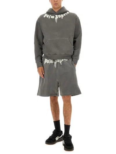 Palm Angels Logo Printed Drawstring Bermuda Shorts In Gray
