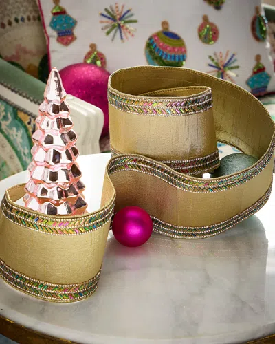 D. Stevens Iris Herringbone Rhinestone Metallic Dupion Ribbon, 4" X 5 Yards