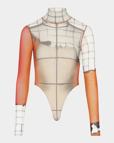 Jean Paul Gaultier Twisted Body-print Mesh Long-sleeve Bodysuit In Neutral