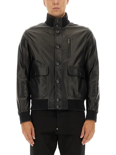 Moorer Leather Bomber Jacket In Black
