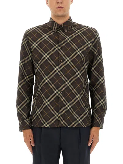 Burberry Long Sleeve Button-down Shirt With Plaid Design In Brown