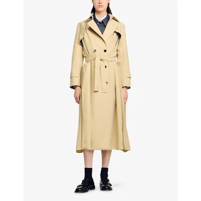 Sandro Womens Beige Belted-waist Double-breasted Stretch-woven Trench In Brown