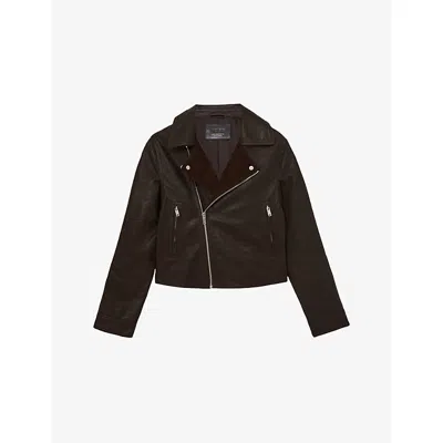 Reiss Womens Chocolate Brown Lidia Suede-lapel Leather Biker Jacket In Brown
