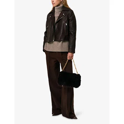 Reiss Womens Chocolate Brown Lidia Suede-lapel Leather Biker Jacket In Brown