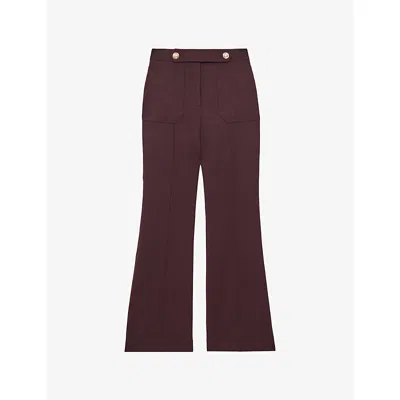 Reiss Womens Burgundy Lily Flared-leg Button-embellished Stretch Wool-blend Trousers In Burgundy