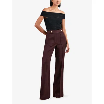 Reiss Womens Burgundy Lily Flared-leg Button-embellished Stretch Wool-blend Trousers In Burgundy