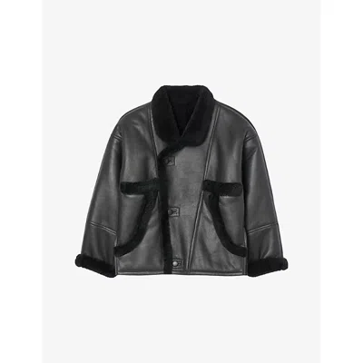 Sandro Womens Black Contrast-trim Short Shearling Coat In Black