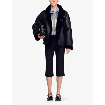 Sandro Womens Black Contrast-trim Short Shearling Coat In Black