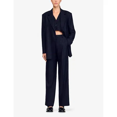 Sandro Womens Navy Blue Rhinestone-embellished Single-breasted Stretch-wool Blazer In Blue