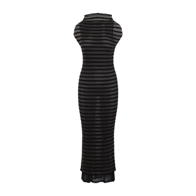 Jean Paul Gaultier Nylon Long Dress With Viscose Mariniere Stripes In Black