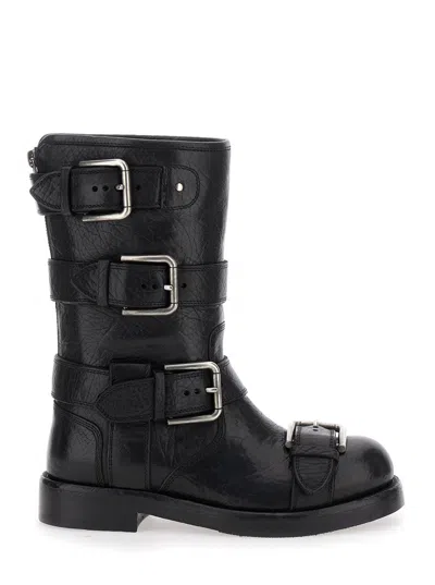 Dolce & Gabbana Leather Boot With Buckles In Black