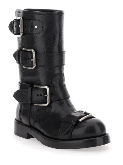 Dolce & Gabbana Leather Boot With Buckles In Black