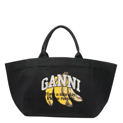 Ganni Banana Print Xxl Tote Bag In Black