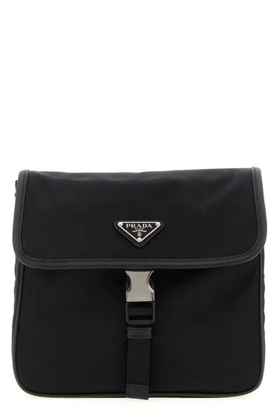 Prada Fabric Leather Shoulder Bag Adjustable Strap Front Flap In Black