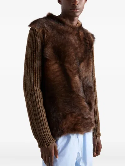 Prada Wool And Shearling Sweater In Brown